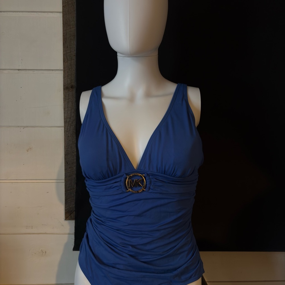 Michael Kors Royal Blue MK Logo V-Neck one piece swimsuit
